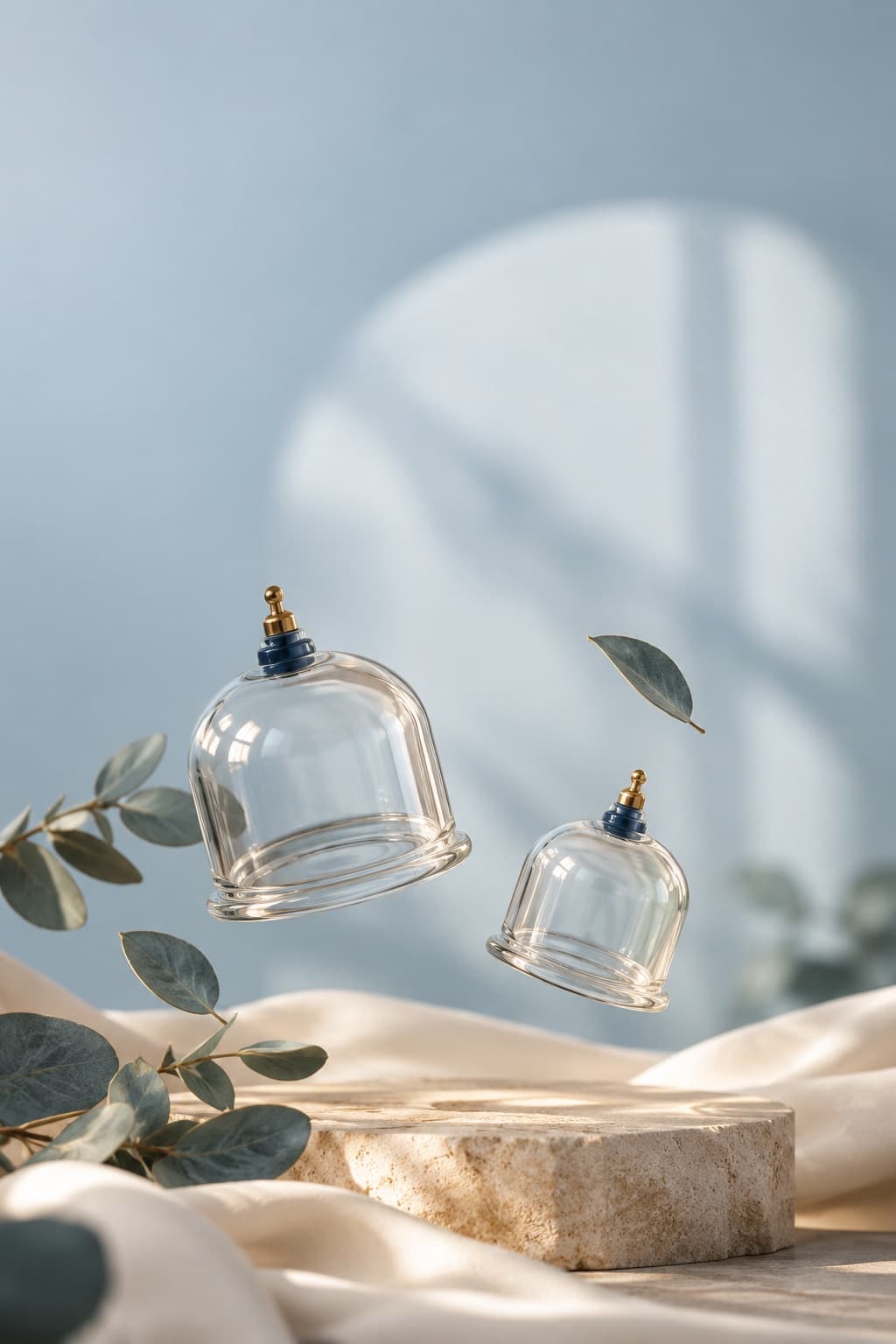 Two clear glass Hijama cups floating with eucalyptus leaves
