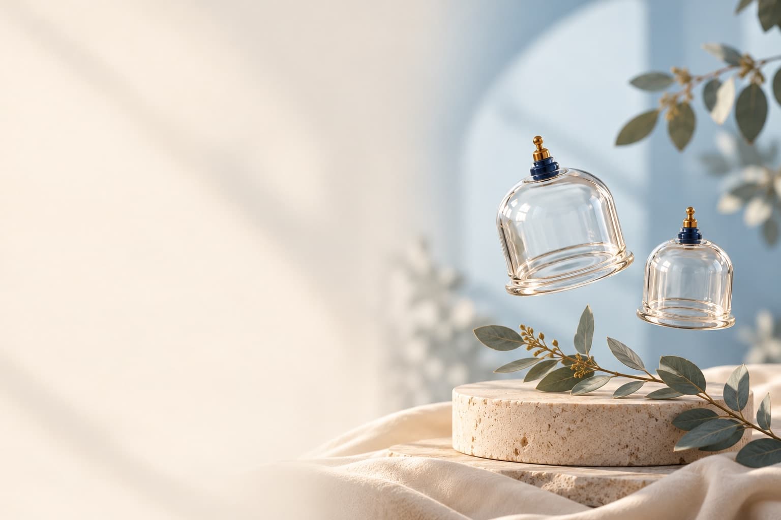 Two clear glass Hijama cups floating above a smooth stone, with eucalyptus